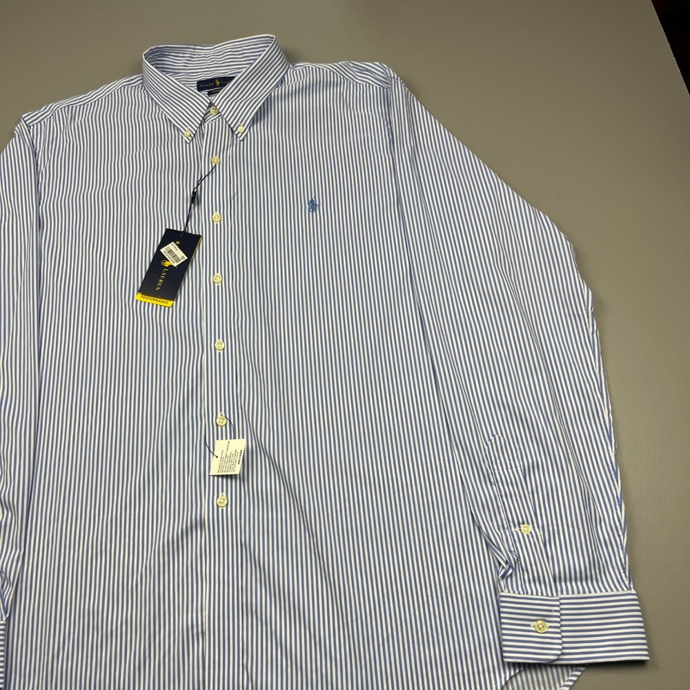 NWT Ralph Lauren Button Down Mens XXL Blue White Striped Performance Shirt - Picture 7 of 9